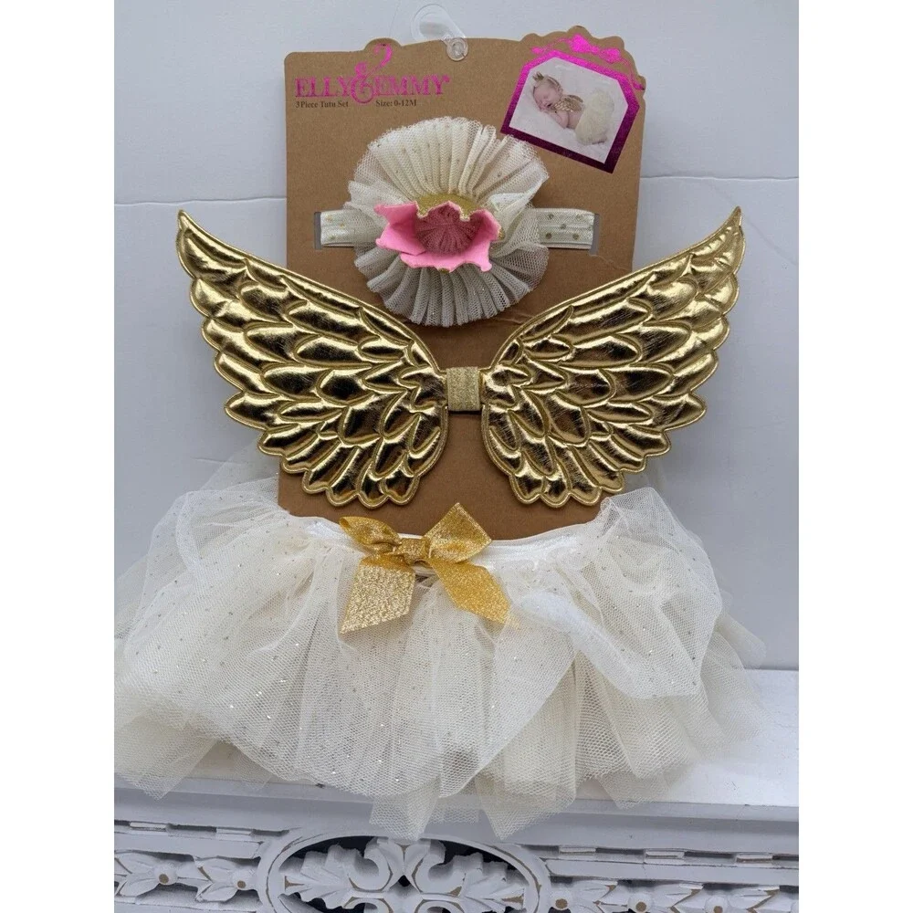 Elly & Emmy Baby 3 Piece Tutu Set Gold Angel Wings Crown Headband White 0-12M
